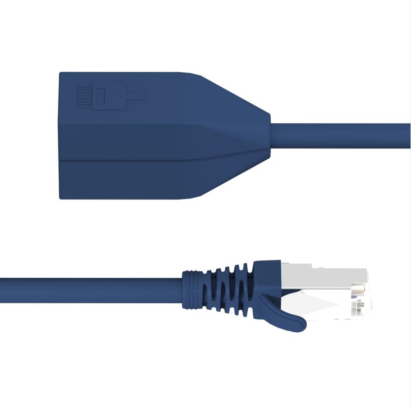 Blue Ethernet cable with connector on a white background