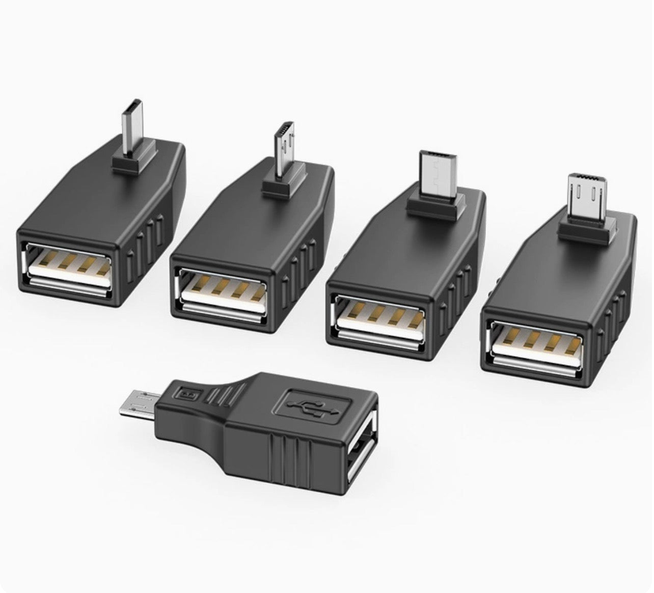 A set of black Micro USB to USB 2.0 adapters with different angles for male connections.