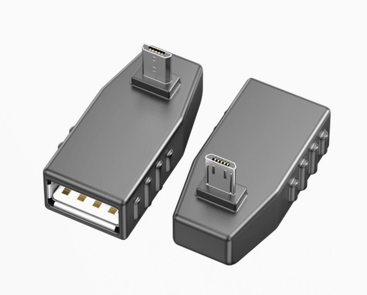 A set of black Micro USB to USB 2.0 adapters with different angles for male connections.