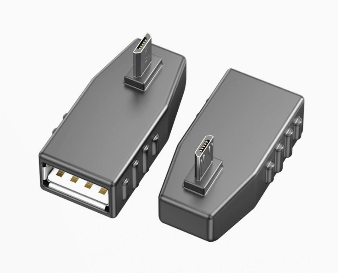 A set of black Micro USB to USB 2.0 adapters with different angles for male connections.