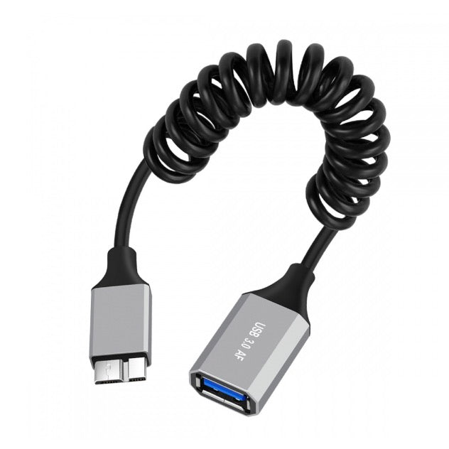 A black coiled extension cable with a Micro B male to USB 3.0 A type female connector on one end and a USB 3.