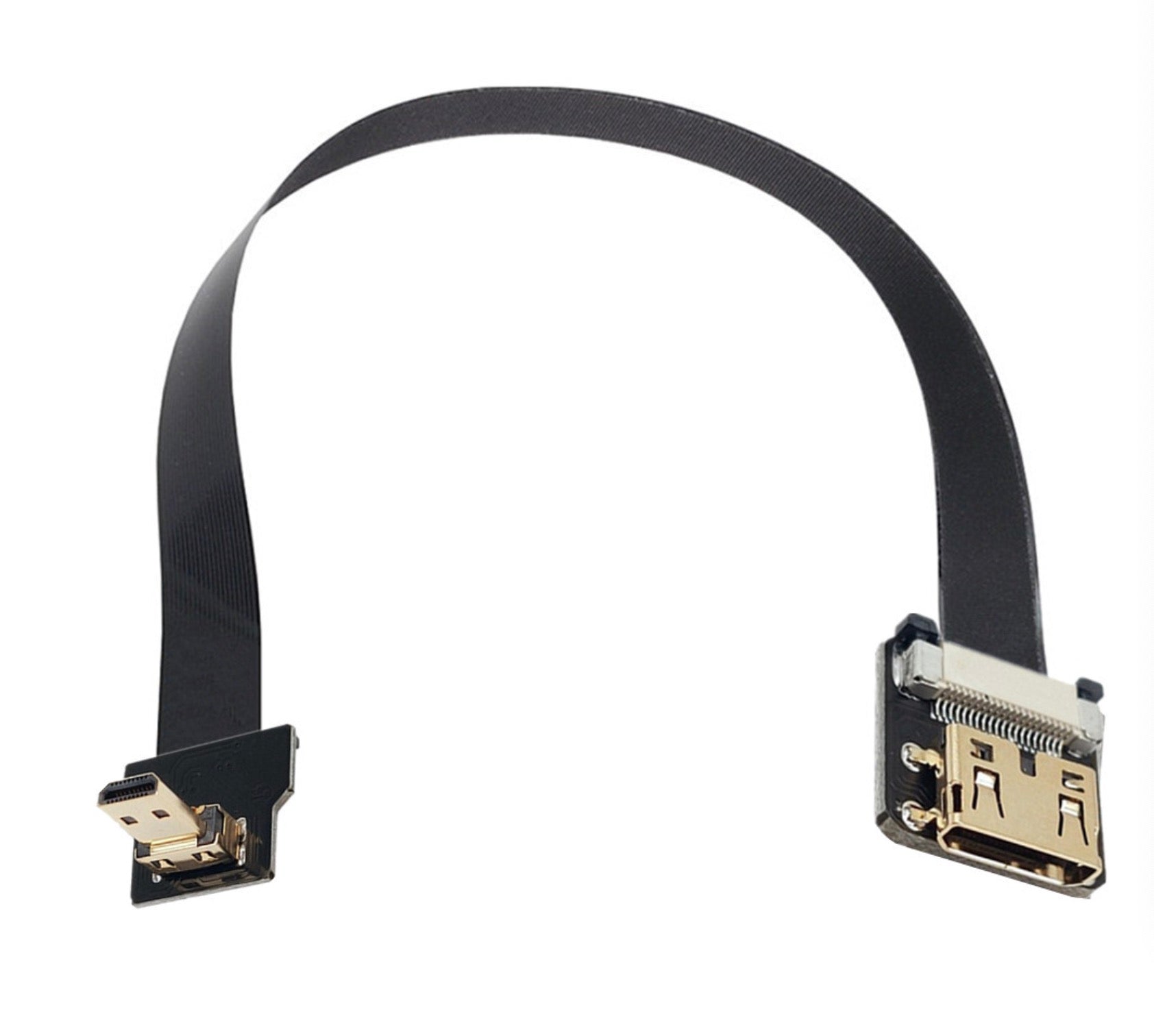 A black micro HDMI male to mini HDMI female FPC flat video extension cable.