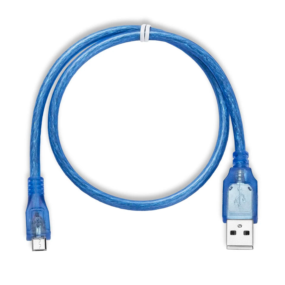 A blue Micro USB to USB A male data charging cable, 0.8m in length, with transparent ends showing the copper wiring.