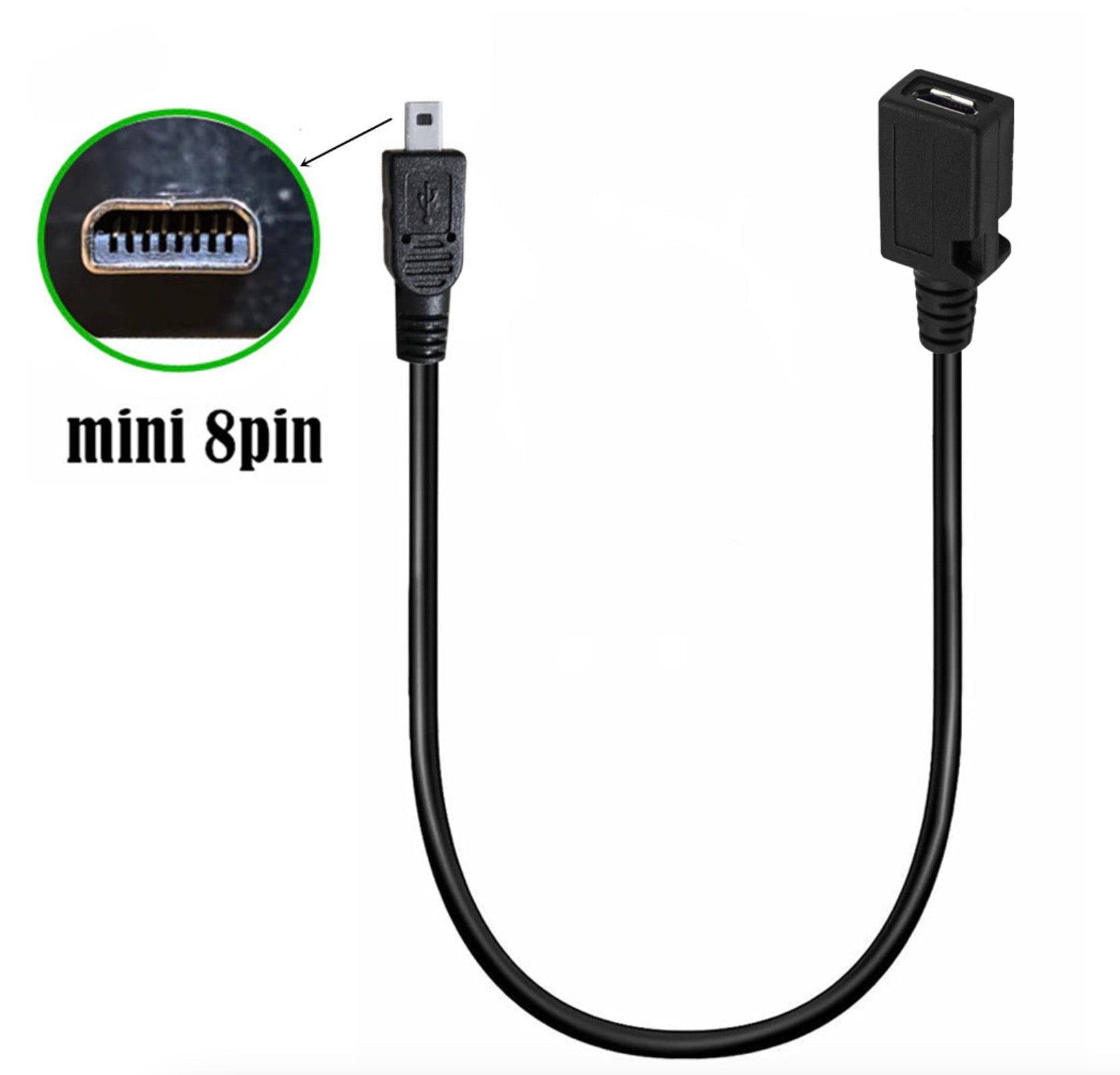 Black adapter cable with mini 8pin connector on a white background