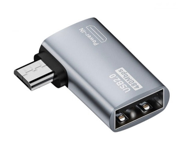 A gray OTG adapter with a micro USB right-angle male to USB-A 2.0 female connection, and an additional micro USB female port for power supply.