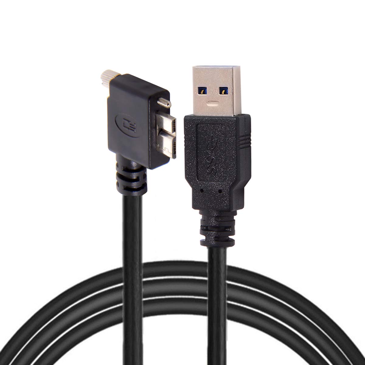 Black USB cable with angled plug on a white background