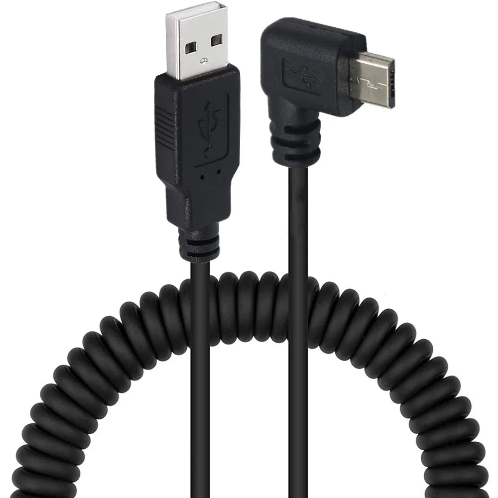 A black coiled cable with a micro USB male connector on one end and a USB male connector on the other end.