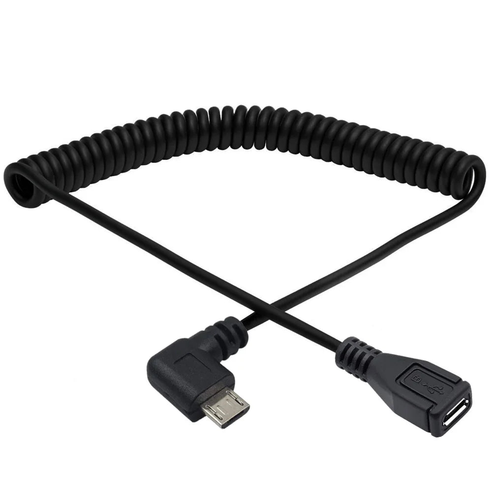 Micro 5Pin USB B Male to Micro Female Coiled Data Charging Extension Cable | Left Angle