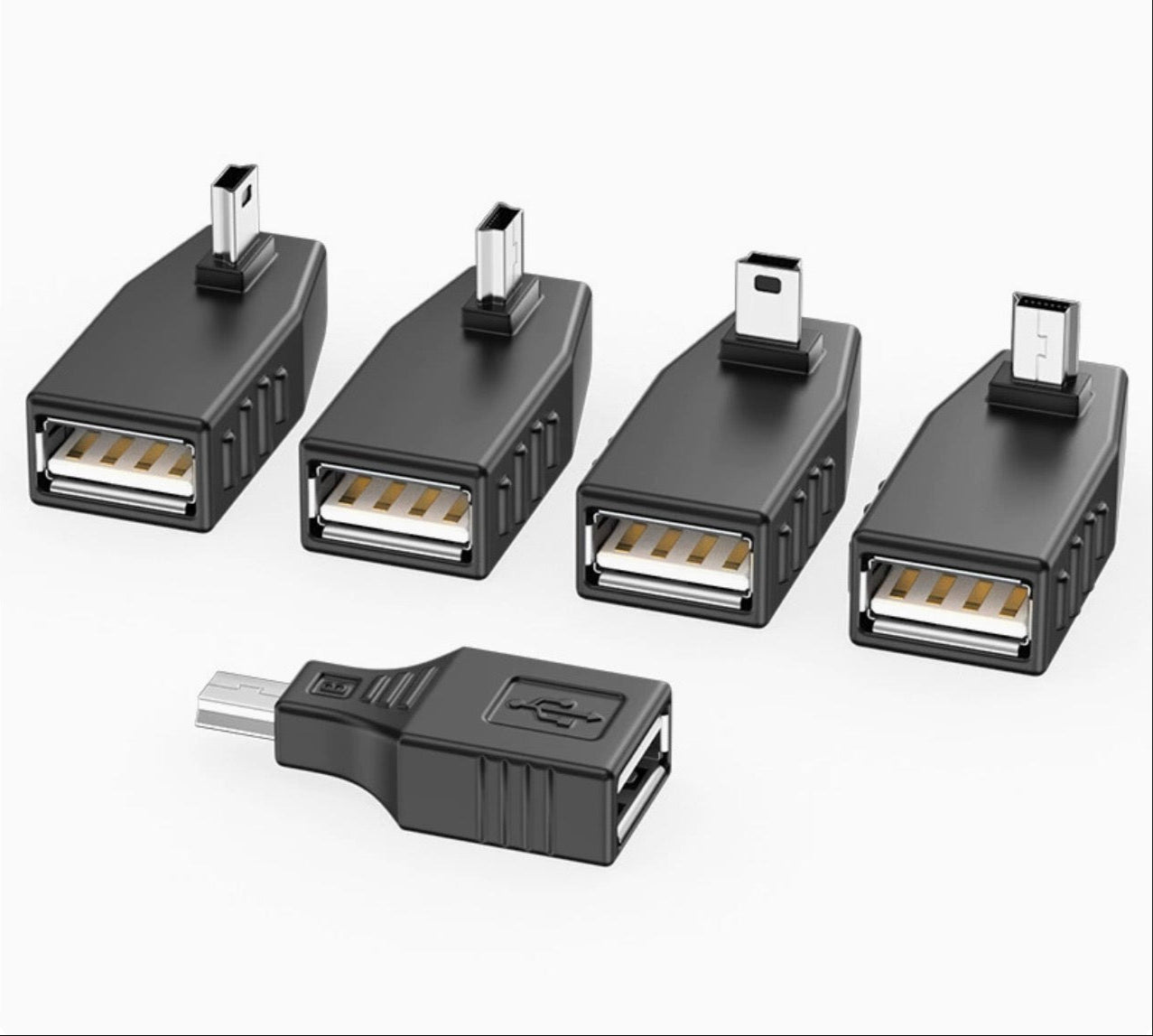 A set of USB adapters including a Mini-USB 5Pin Male to USB 2.0 A Female OTG Adapter Converter in black and gray colors.