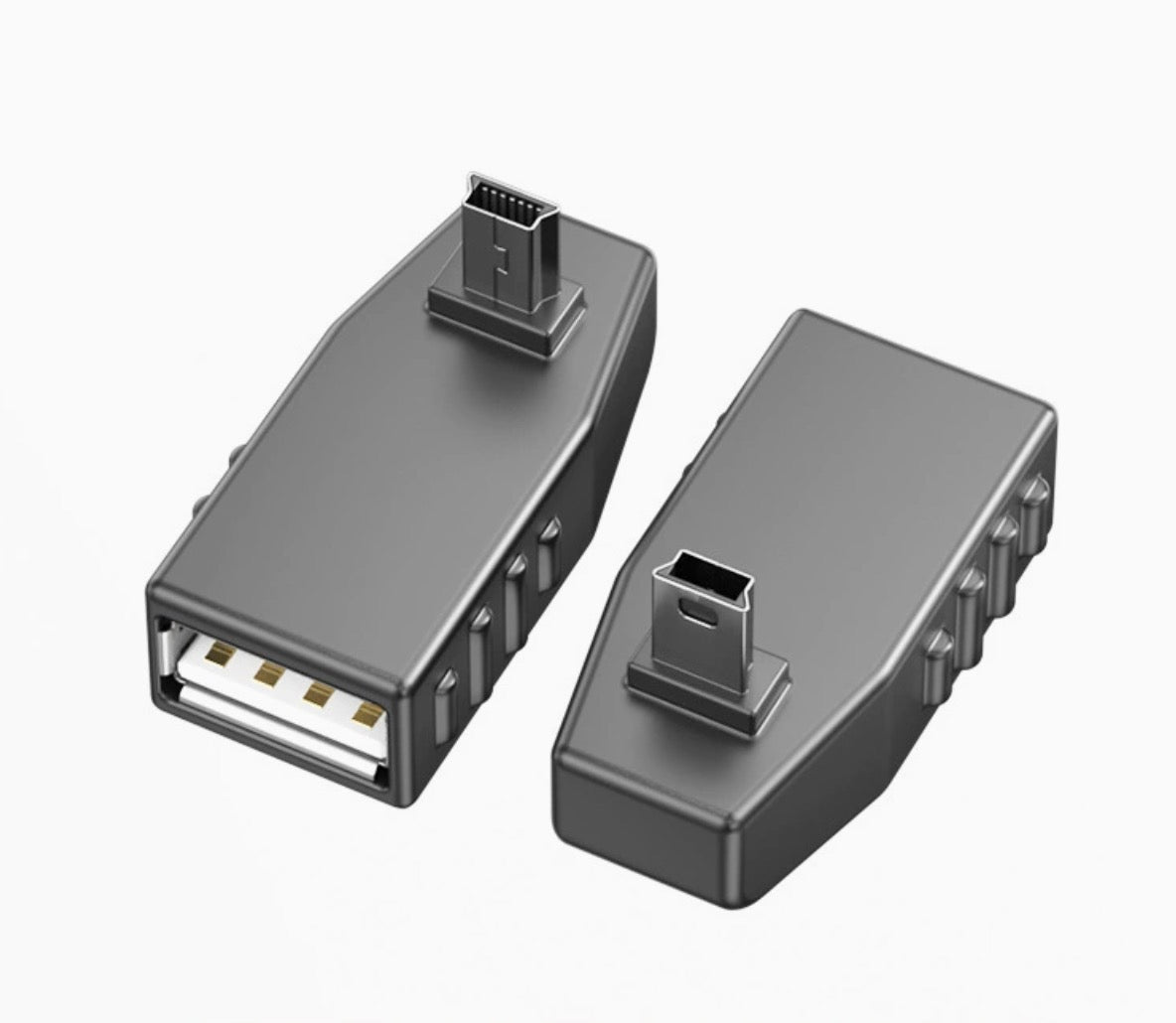 A set of USB adapters including a Mini-USB 5Pin Male to USB 2.0 A Female OTG Adapter Converter in black and gray colors.