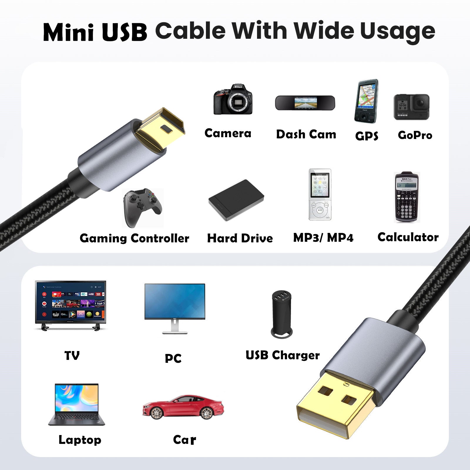Mini 5Pin USB Cable, USB 2.0 Type A Male to Mini B Data Sync Charging Cable
