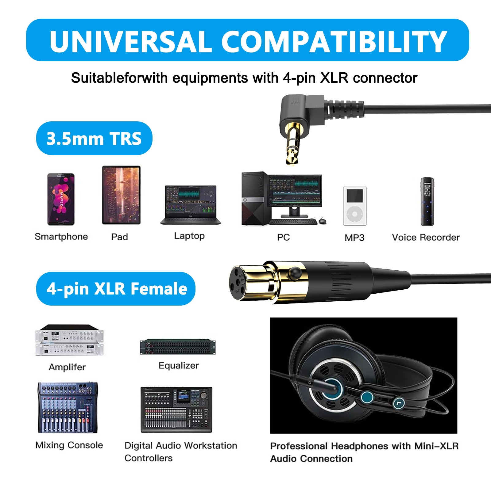 Mini 4Pin XLR Female to 3.5mm TRS Stereo Plug PC Camera Microphone Coiled Audio Cable