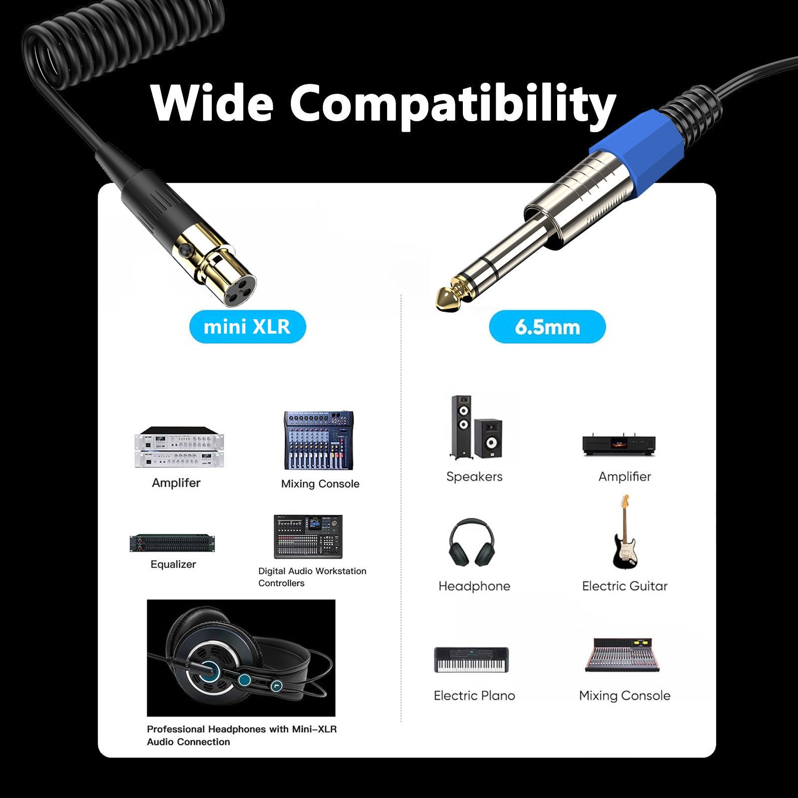 Mini 3 Pin XLR to 6.35mm Stereo Cable, 1/4 inch TRS to Mini Female XLR Microphone Aux Audio Coiled Cord