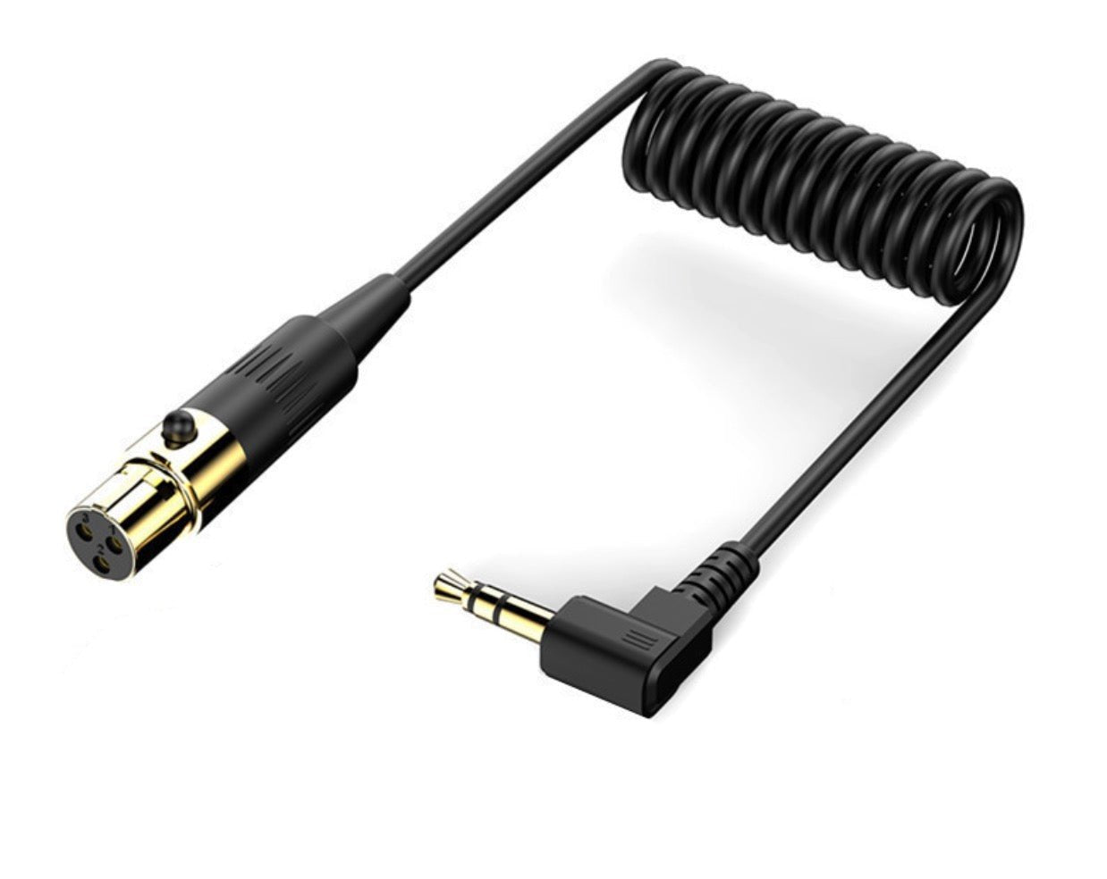 A black coiled stereo audio cable with a 3.5mm TRS male connector on one end and an XLR female connector on the other.