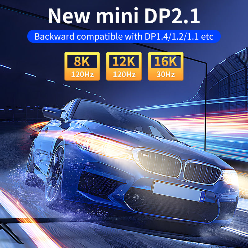 Blue car on a road with DP2.1 compatibility text and specifications.