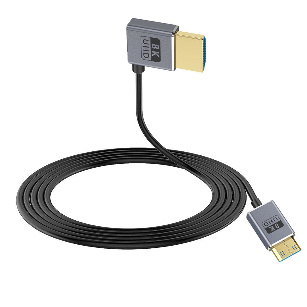 A black mini HDMI to HDMI 2.1 coaxial cable with a right-angled connector on one end and a standard HDMI connector on the other.