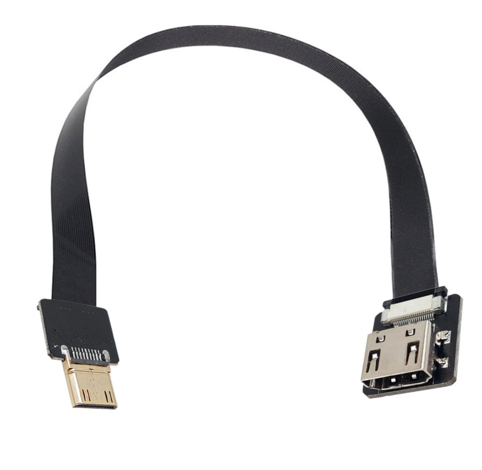 A black Mini HDMI male to HDMI female flat FPV video extension cable with gold plated pins.