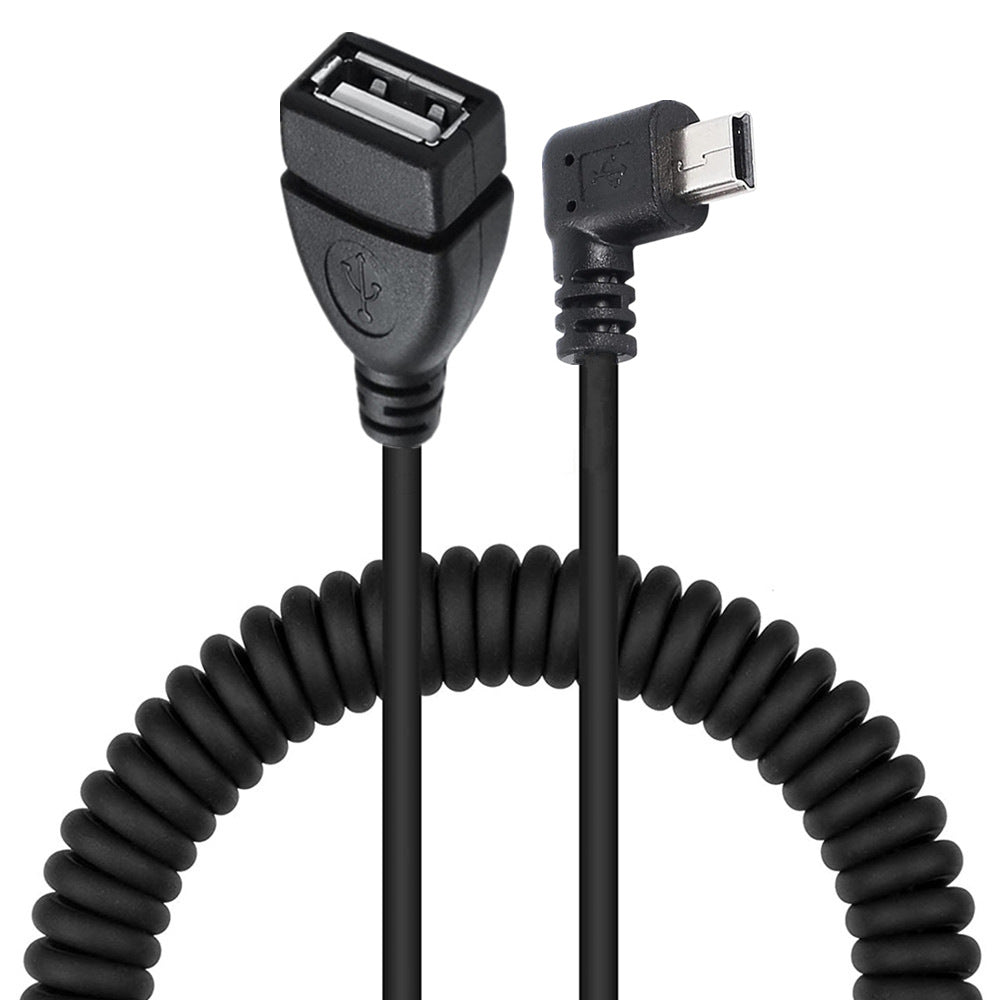 A black coiled extension cable with a Mini 5Pin male connector on one end and a USB 2.0 Type A female connector on the other.