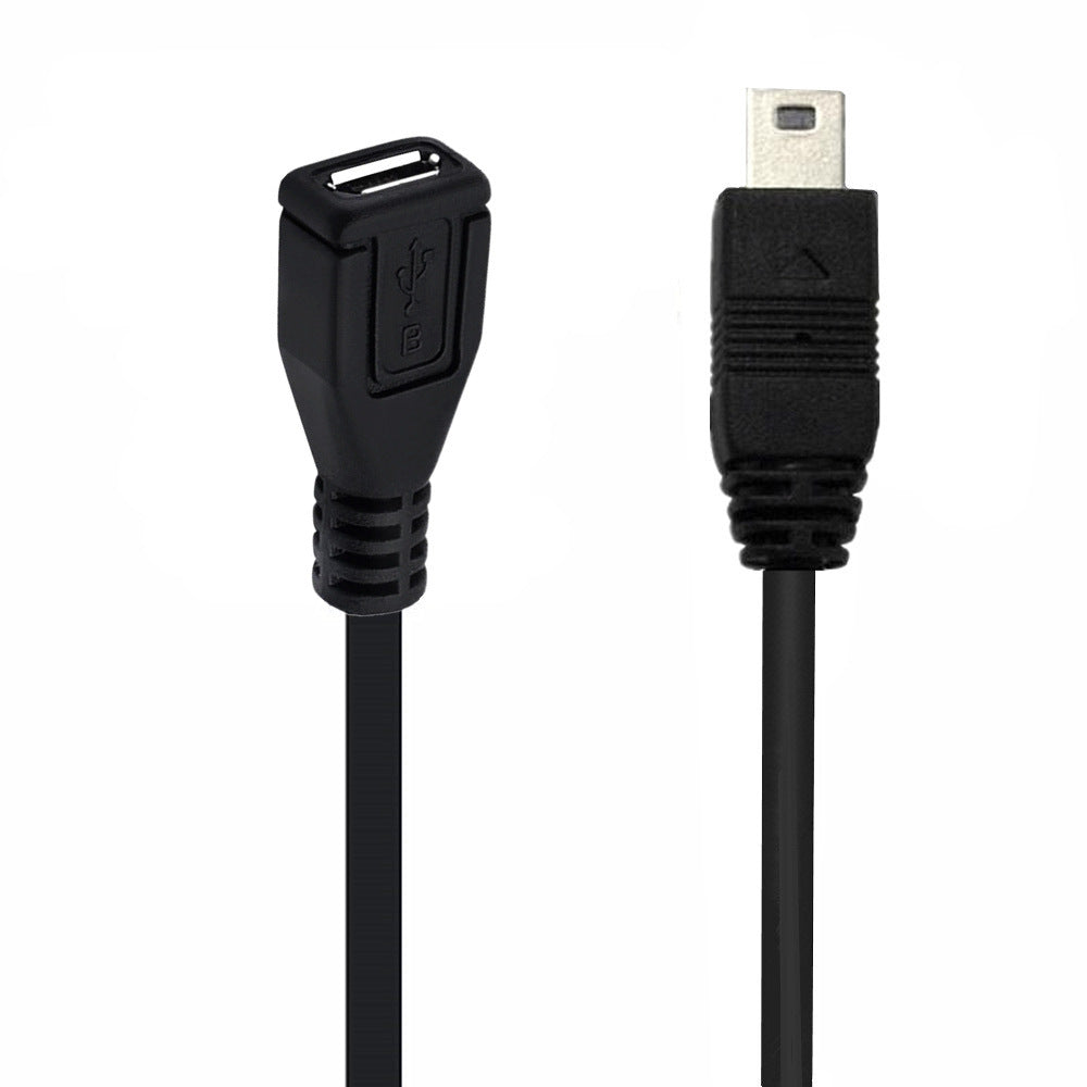 The image shows a black USB 2.0 Mini B 5-Pin Male to Micro Female Extension Cable.