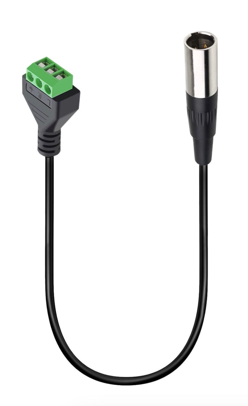 Mini XLR breakout lead with green 3-way screw terminal connector