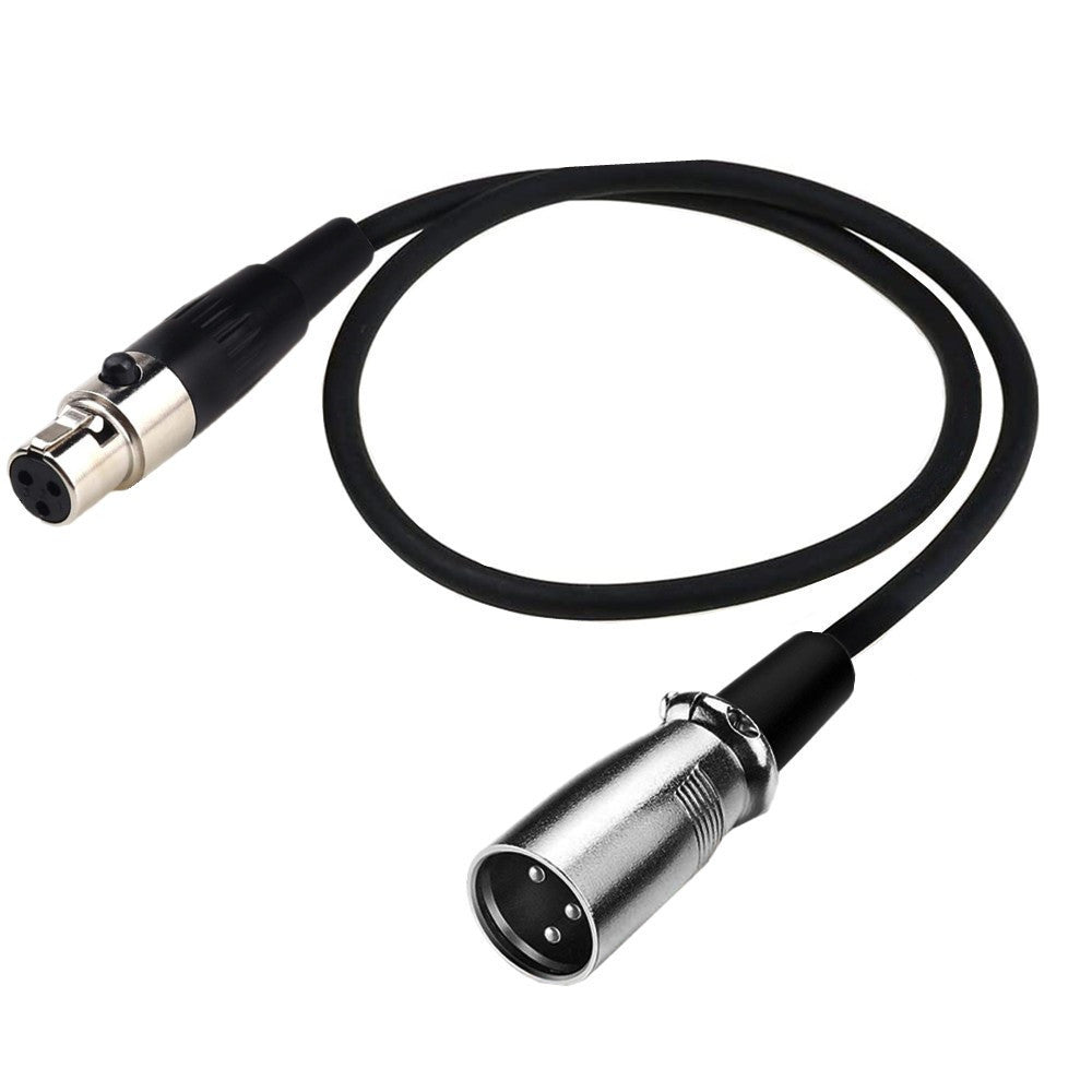 A black Mini XLR Female to XLR Male microphone audio cable.