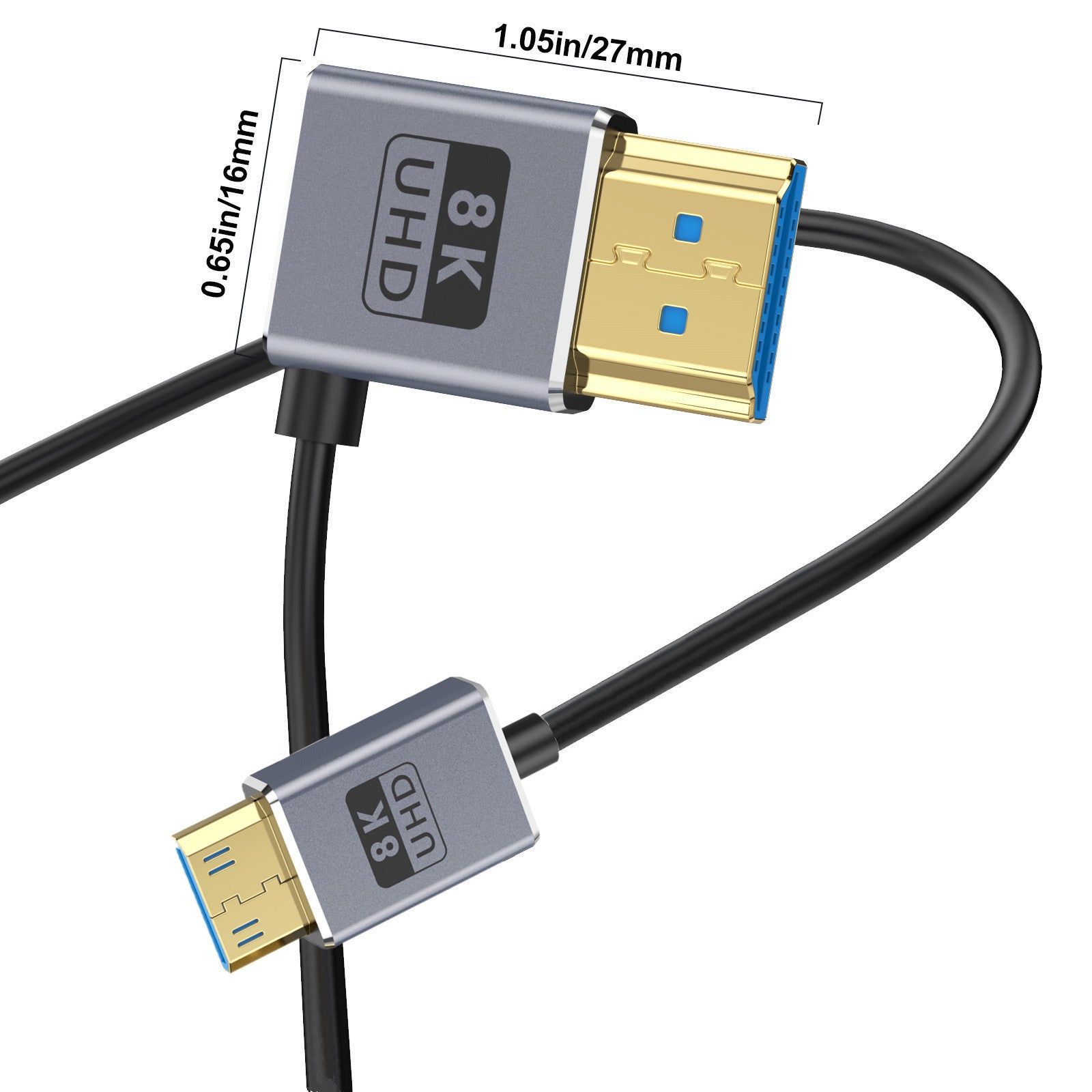 Mini HDMI to HDMI 2.1 Coaxial Extreme Slim Cable, 8K@60H Ultra High Speed 48Gbps | Left Angle