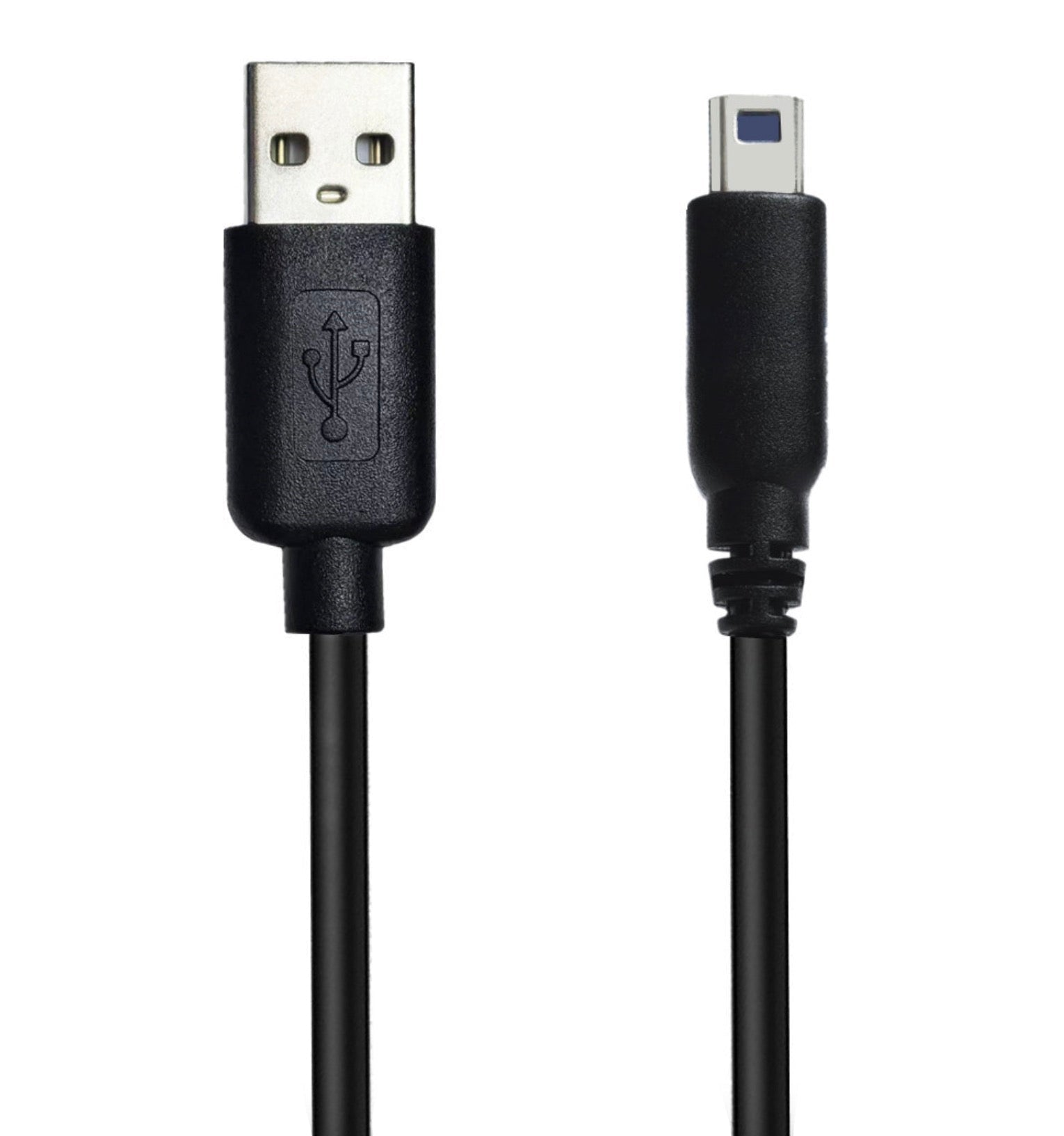 Black USB cable with one end being a standard USB connector and the other an micro USB connector on a white background.