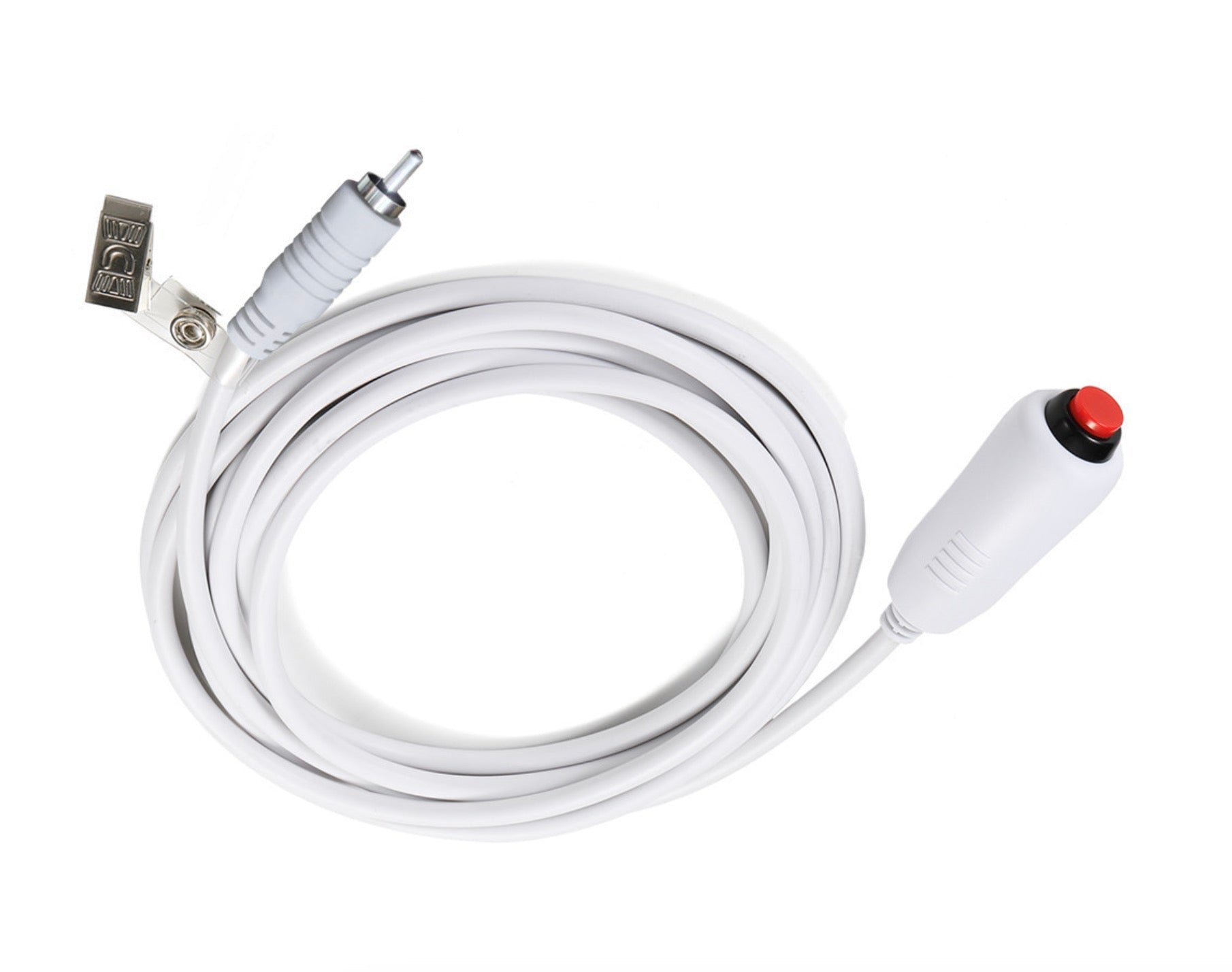 White cable with USB connector and red button on a white background