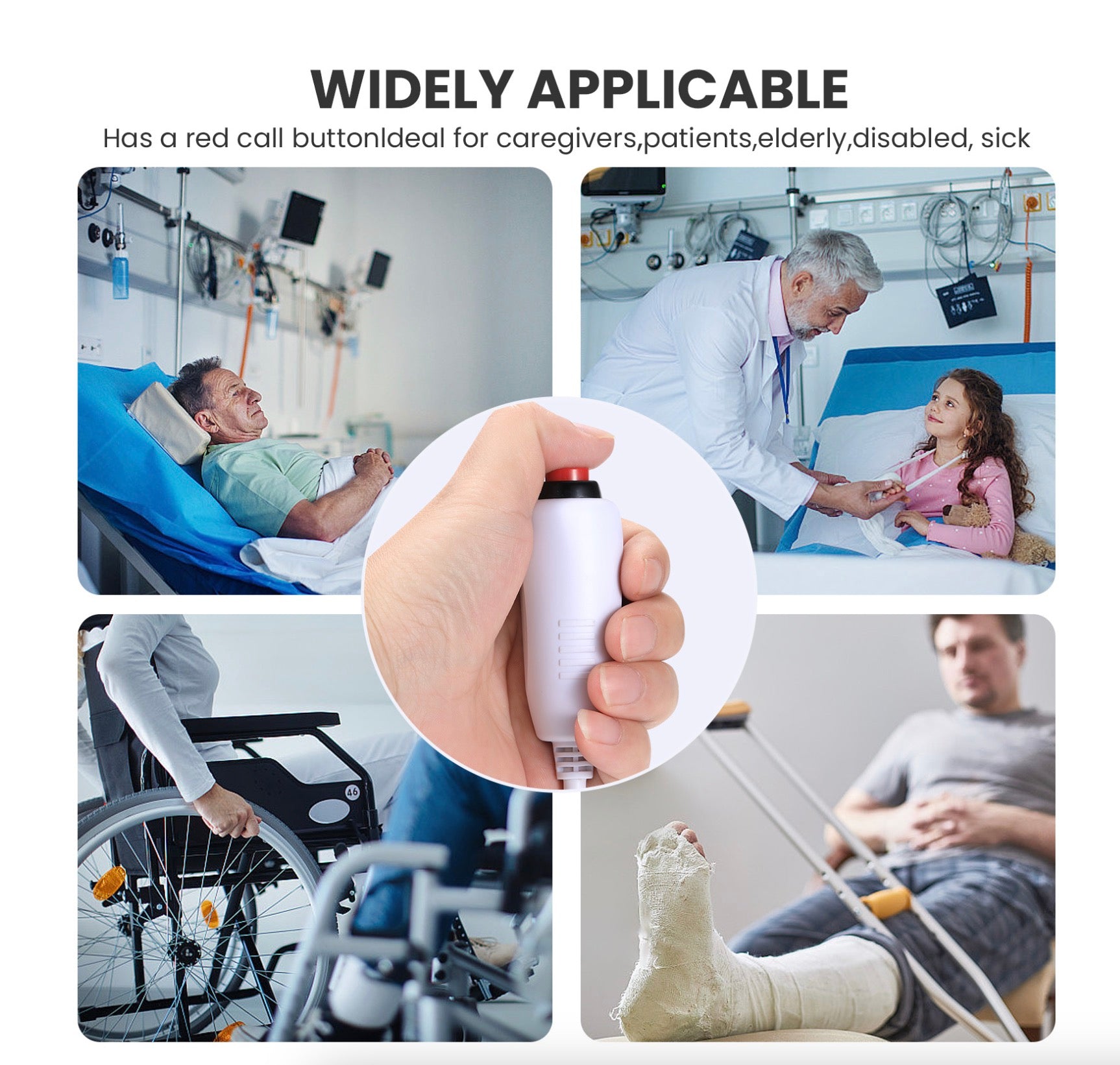 Collage of scenarios showing a red call button for caregivers, patients, elderly, disabled, and sick individuals.