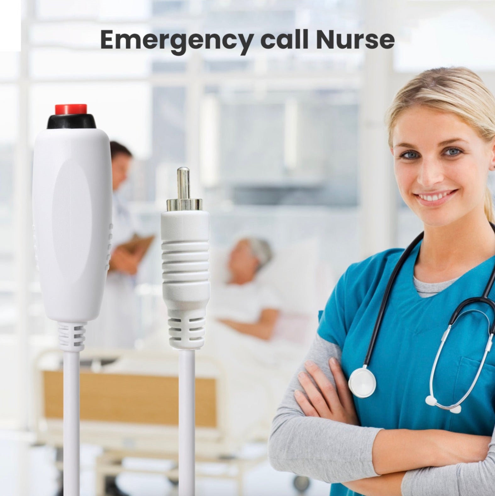 Nurse with stethoscope standing next to medical equipment with 'Emergency call Nurse' text.