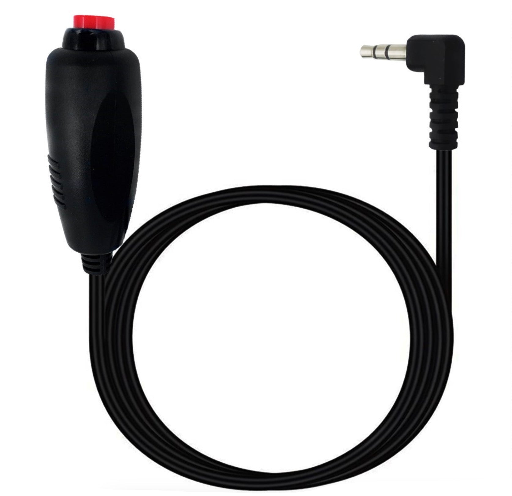 Black audio cable with a red button on a white background