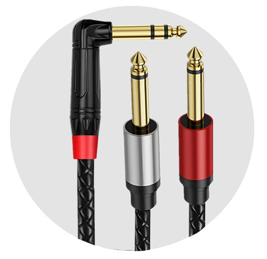 Two audio cables with gold and red connectors on a white background
