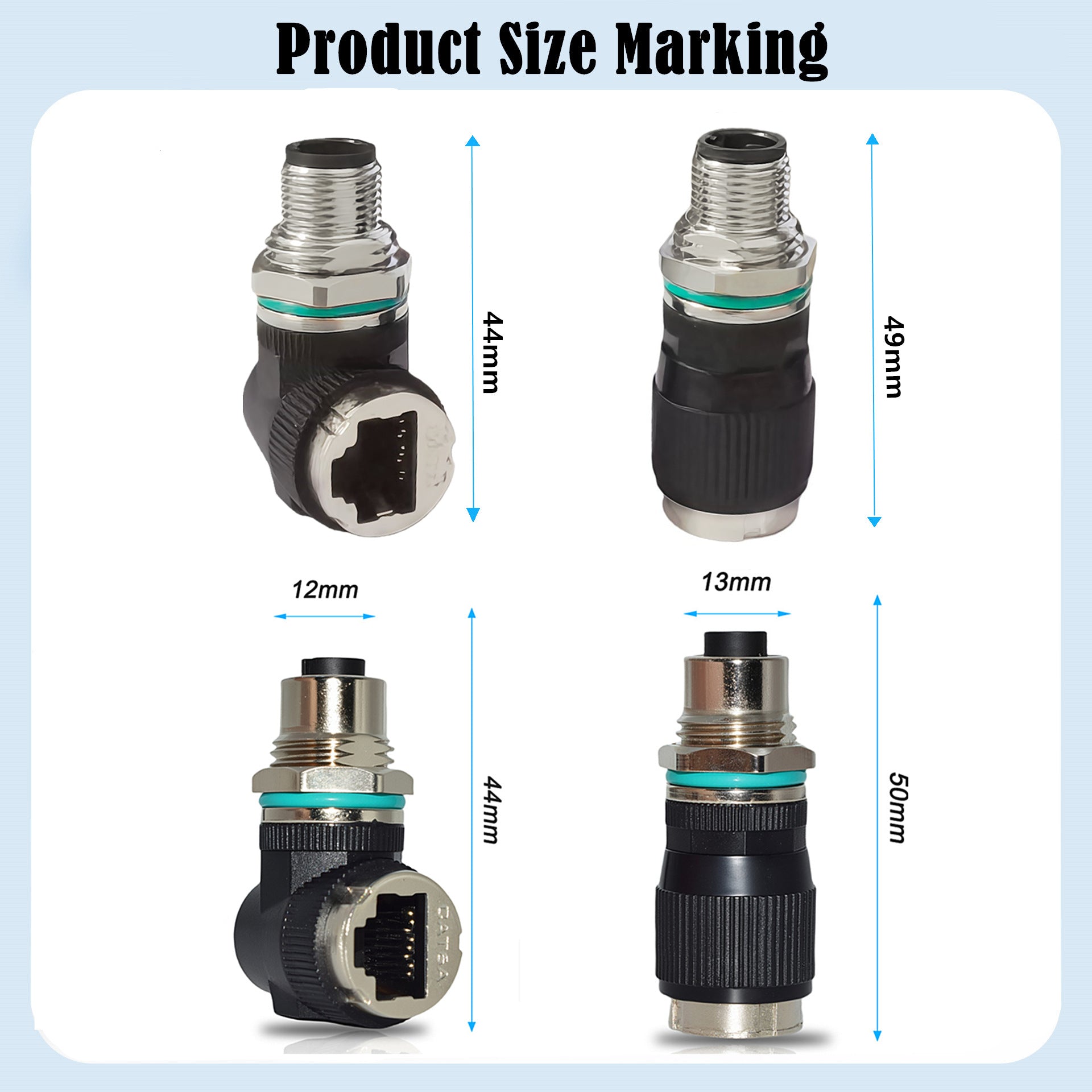 Four metal connectors with dimensions marked on a white background