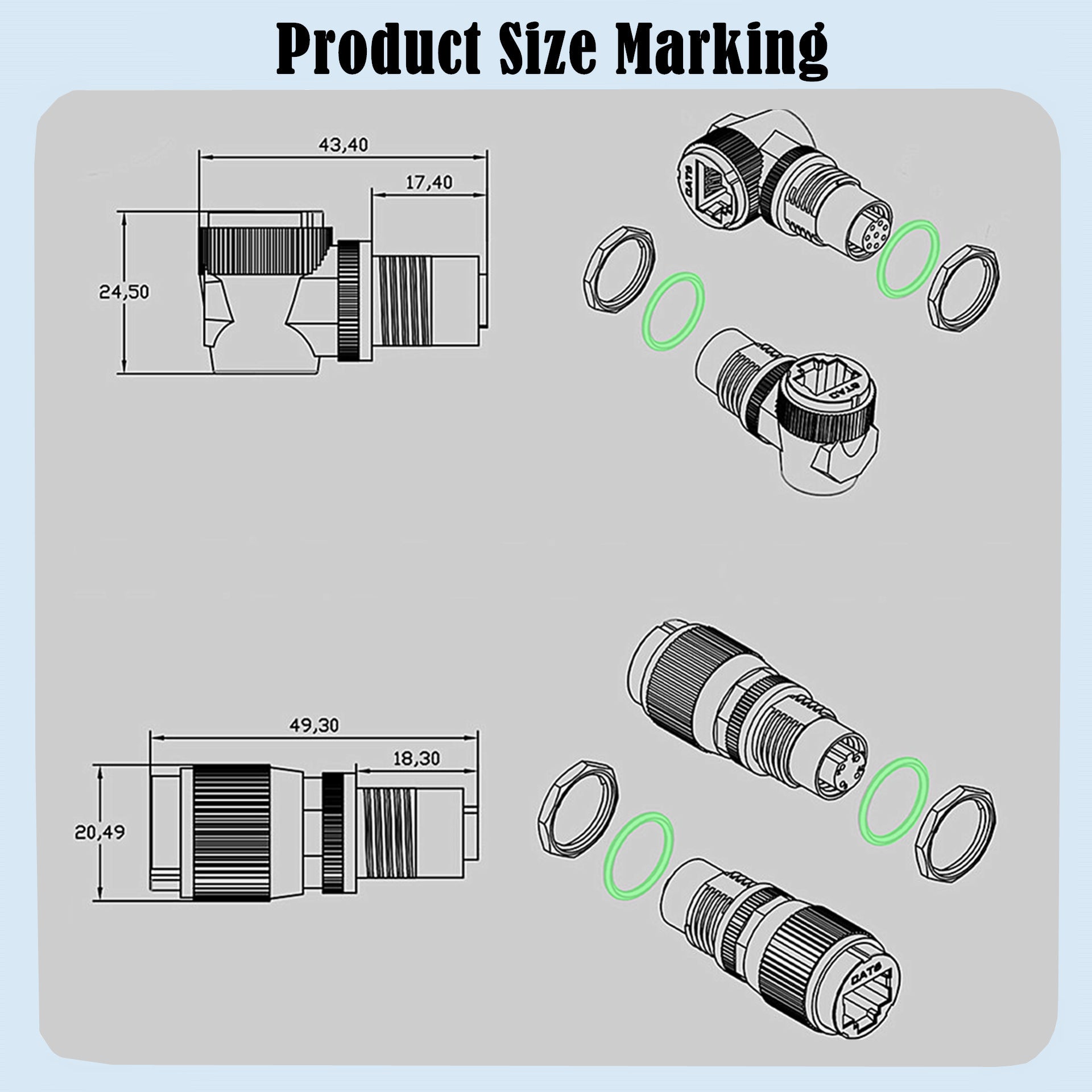 Technical drawings and measurements of mechanical components on a gray background