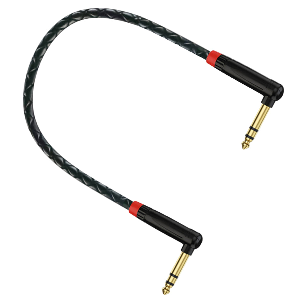 Black braided audio cable with gold connectors on a white background