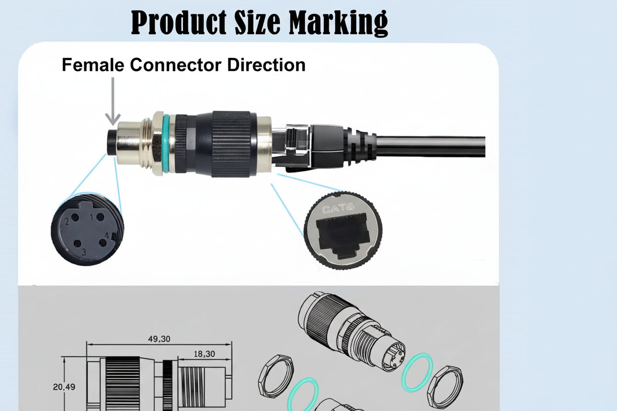 Technical diagram of a product with size markings and component illustrations.
