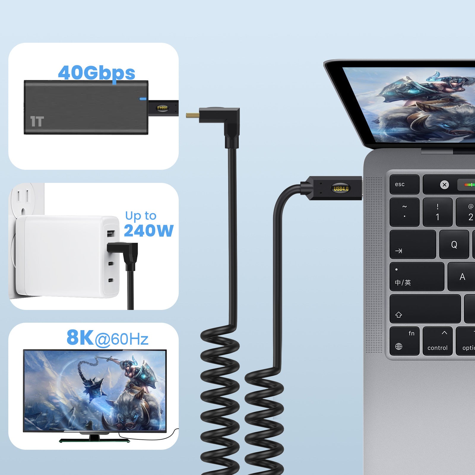 USB 4.0 USB C Male to Female UP Down Angle Coiled Extension Cable 80K60Hz 240W 5A 40Gbps