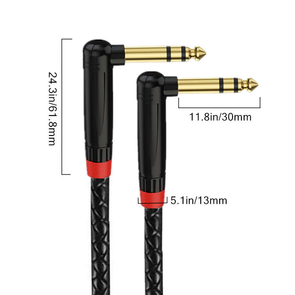 Black audio cable with gold connectors and measurements on a white background