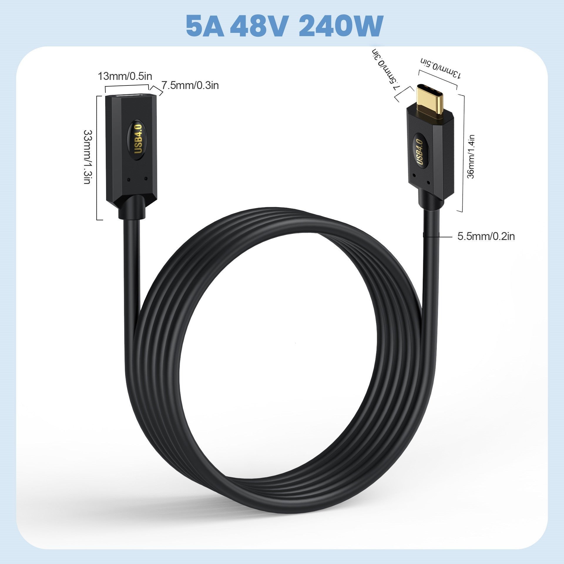 USB 4.0 USB C Male to Female Extension Cable 80K60Hz 240W 5A 40Gbps