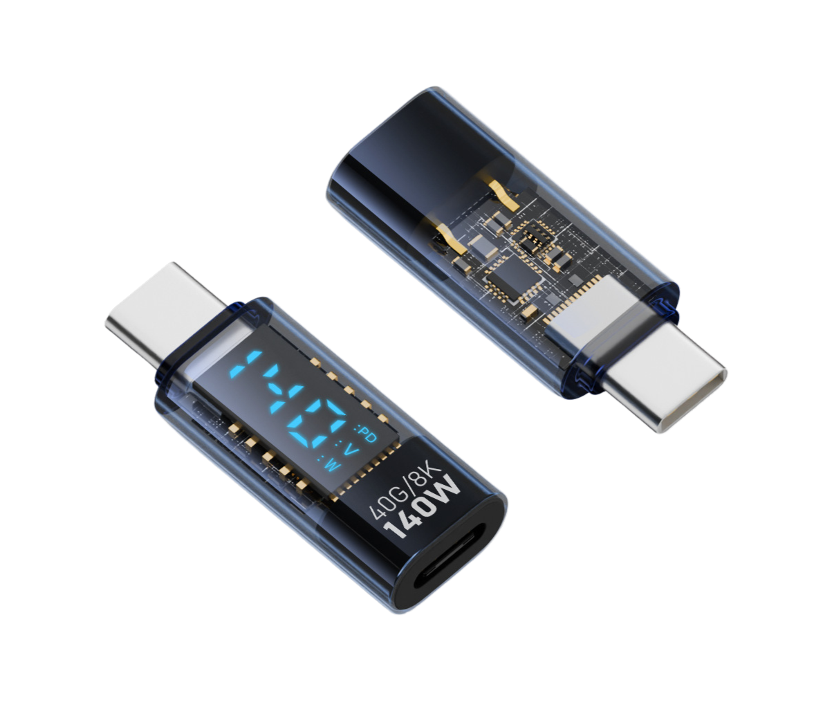 A USB C Male to USB C Female Data PD Power Extension Adapter with a digital display showing the power level. The adapter is black and transparent, revealing the internal components.