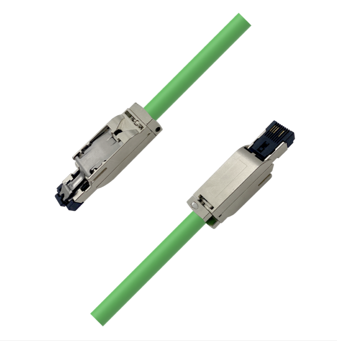 Green industrial CAT5e Ethernet cable with reinforced RJ45 male connectors