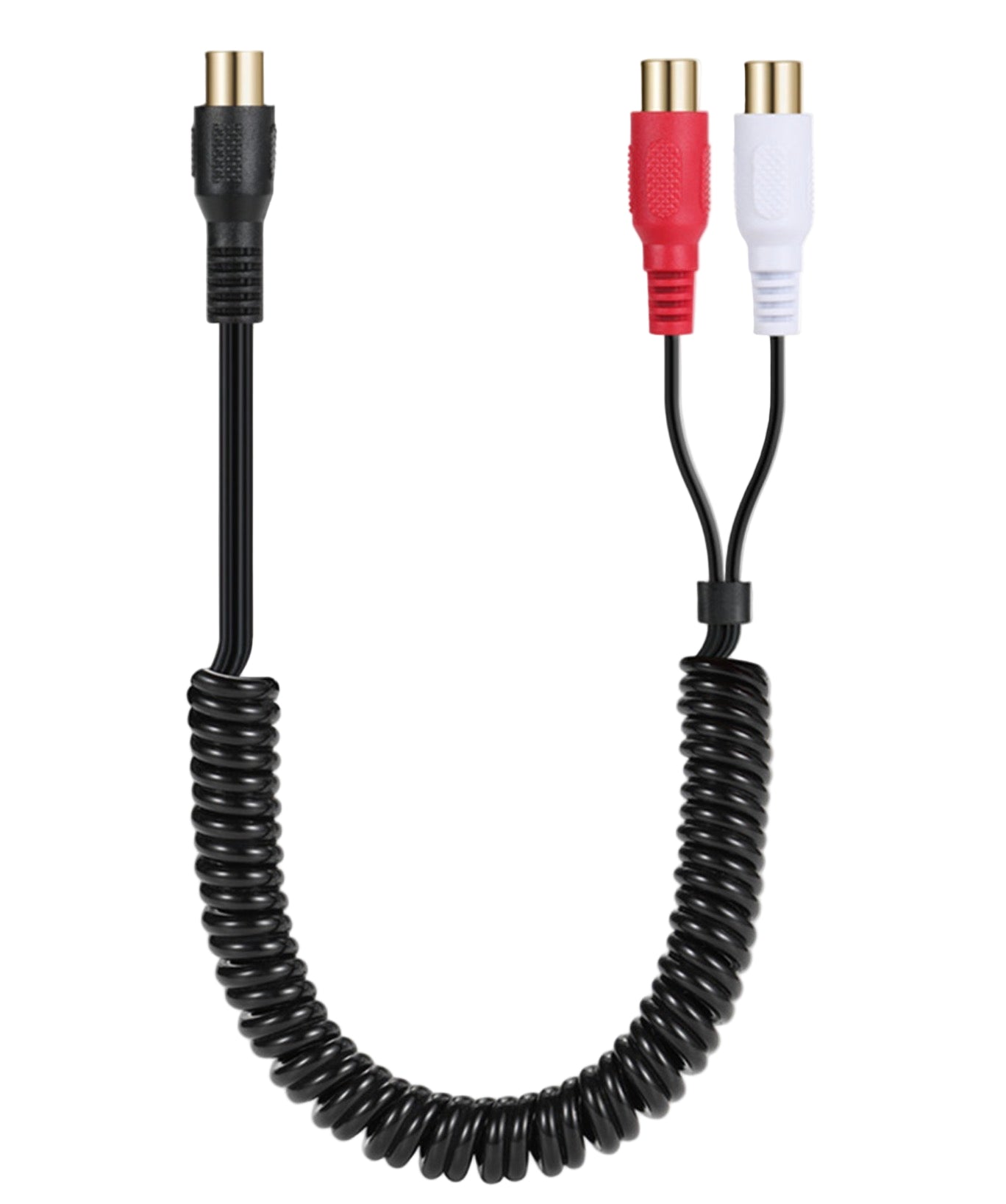 Coiled audio cable with three plugs: black, red, and white on a white background