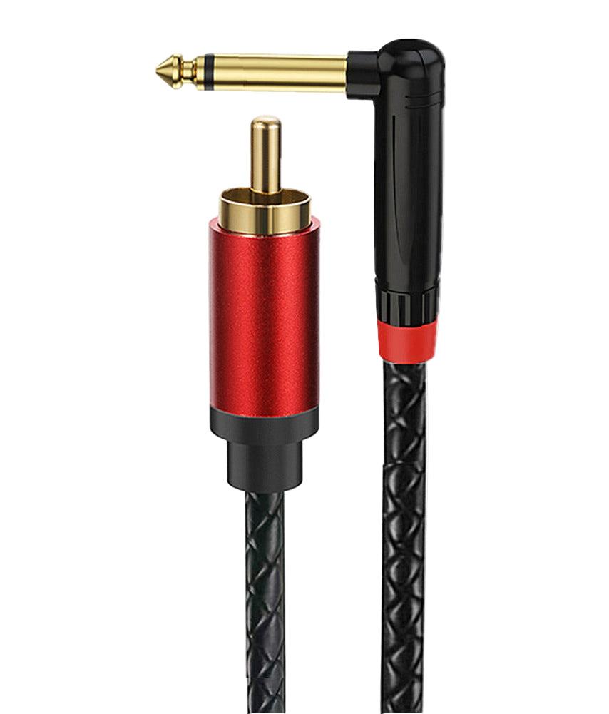 Audio cable with red and gold connector on a white background