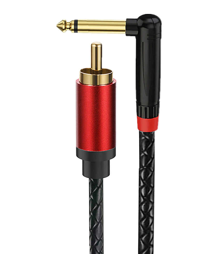 Audio cable with red and gold connector on a white background