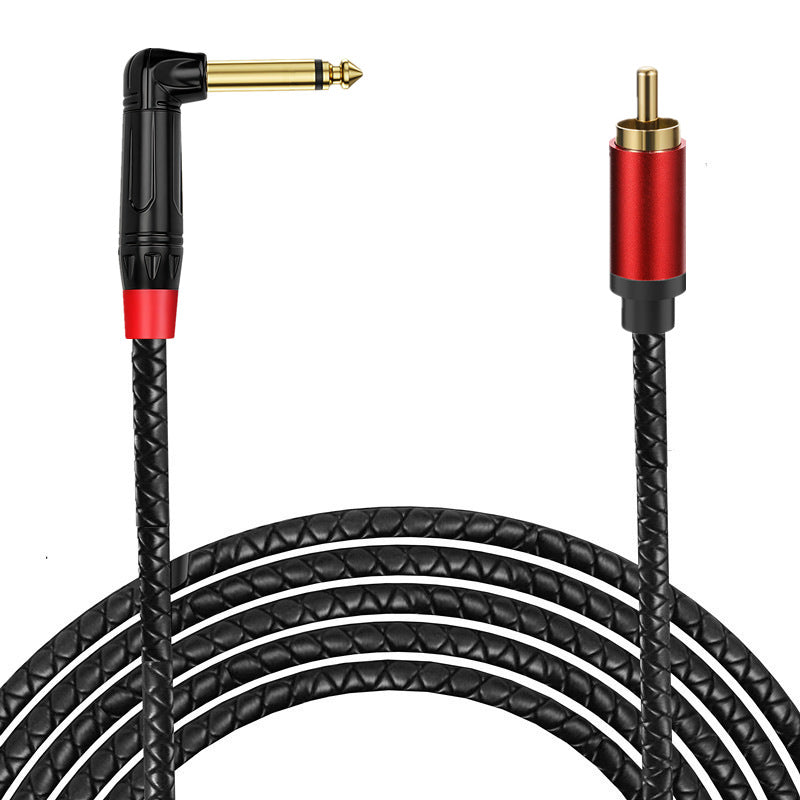 Braided audio cable with black and red connectors on a white background