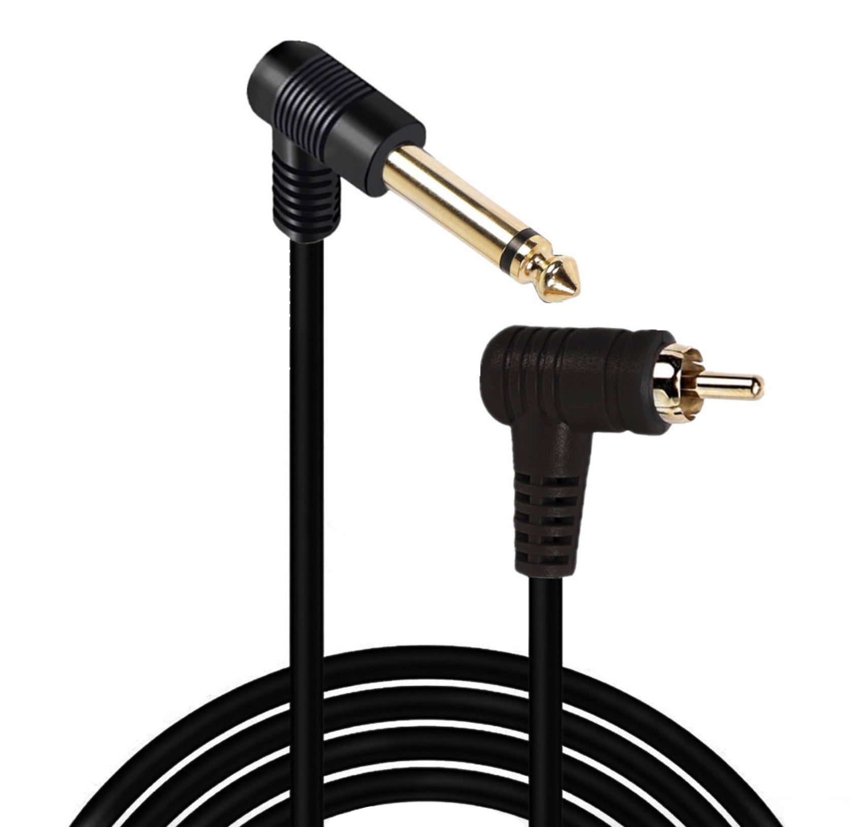 Black audio cable with 90-degree connector on a white background