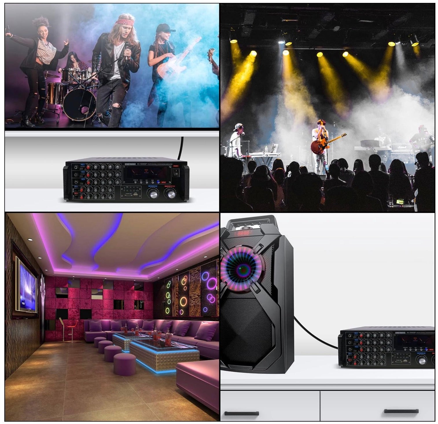 Collage of music equipment, concert scene, and indoor entertainment setup.