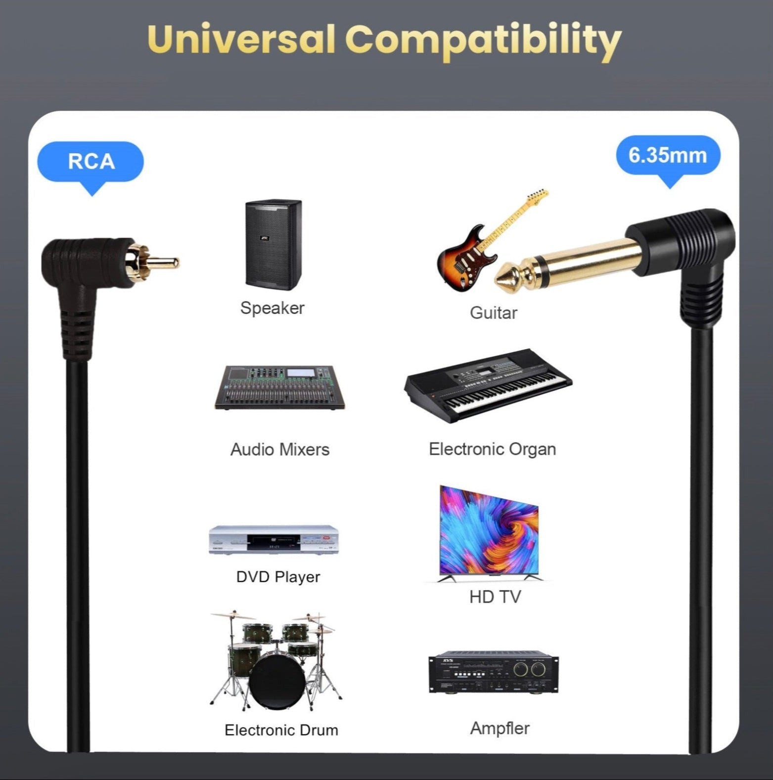 Cable with RCA and 6.35mm connectors shown with various electronic devices on a white background.