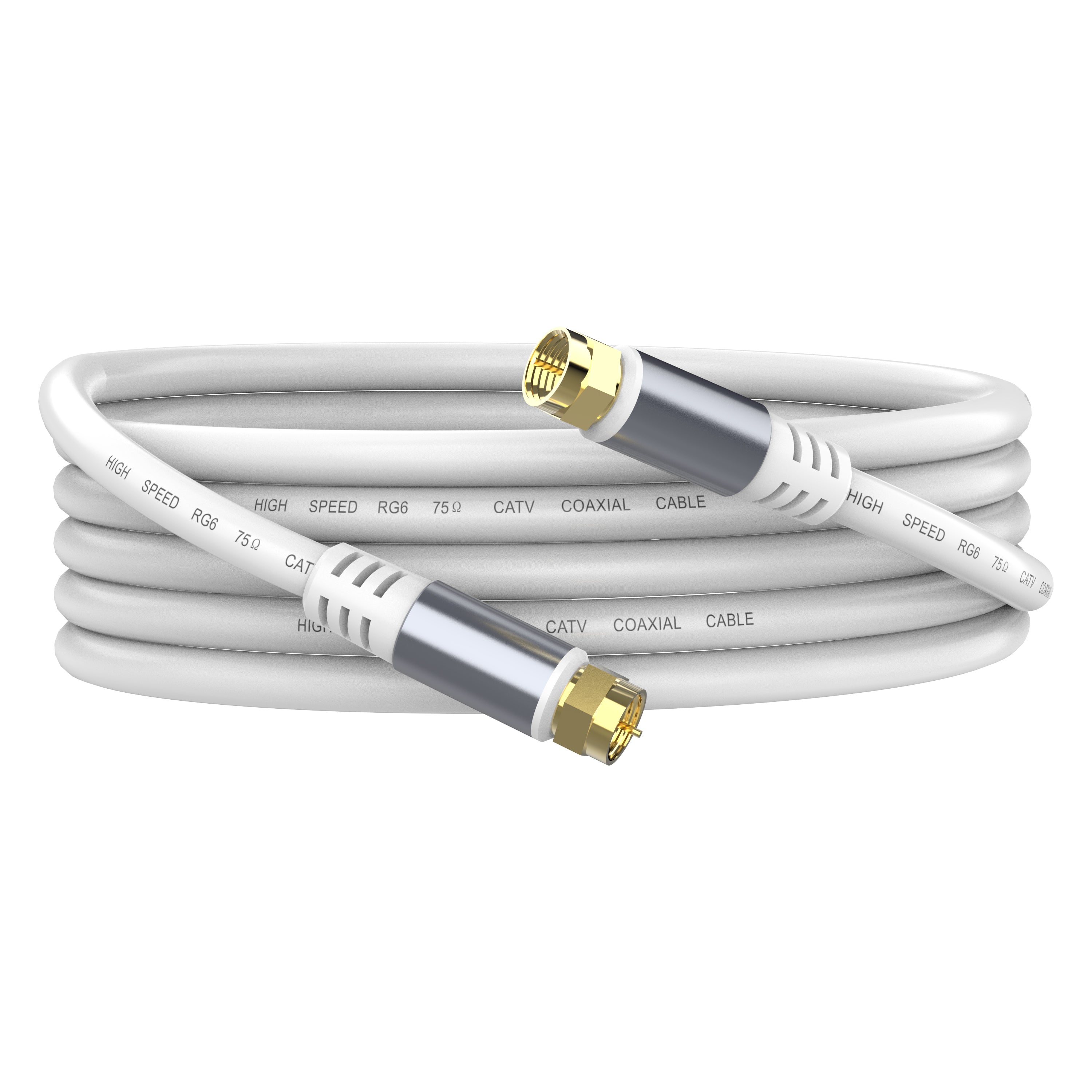 A white RG6 coaxial cable with F type male connectors on both ends, designed for use with cable boxes, TVs, and satellite dishes.