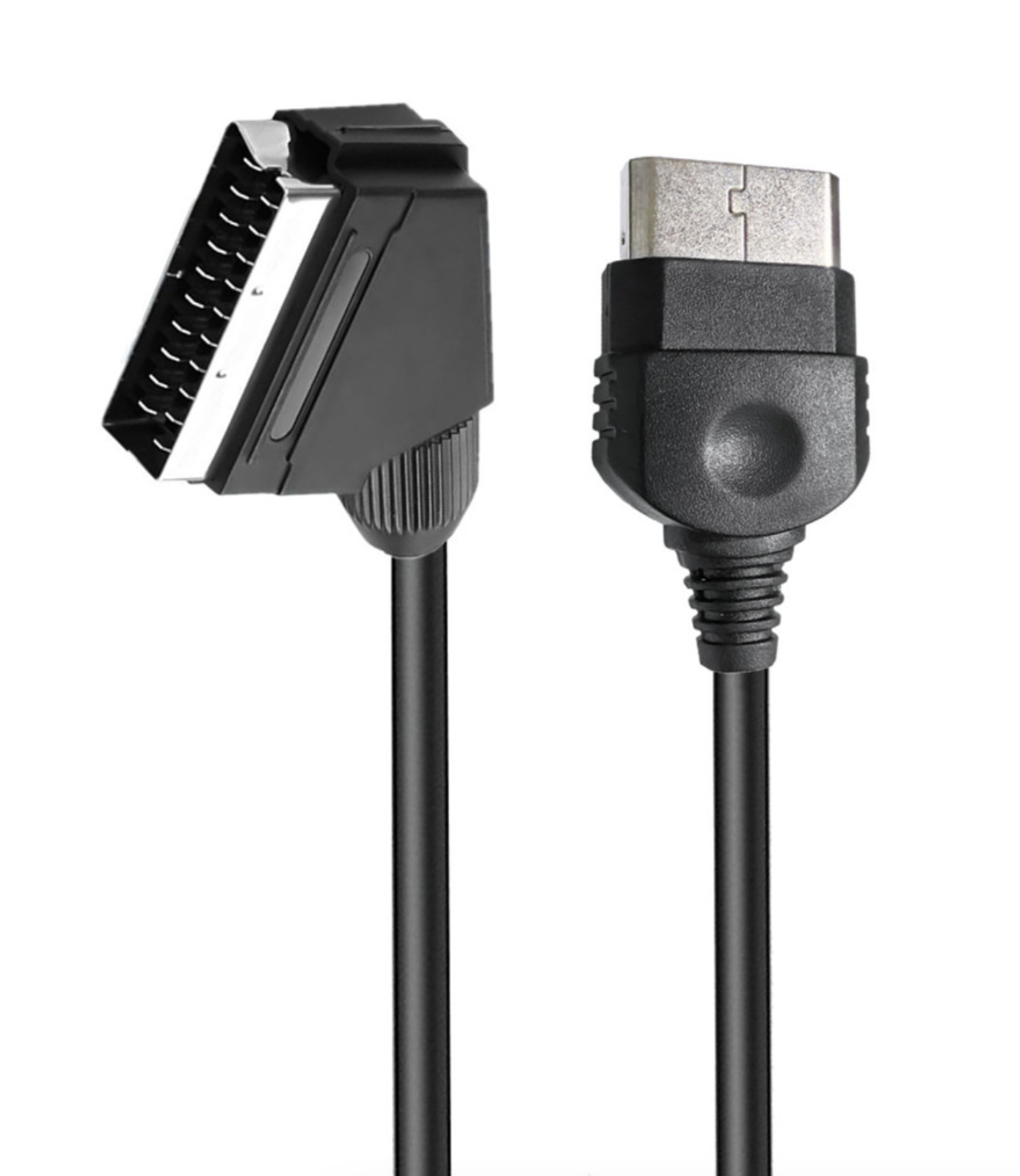 Black cable with one end resembling a game controller connector and the other end a standard connector on a white background.